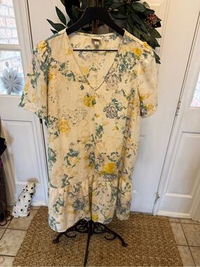 A New Day Floral Watercolor Print Flounce Shift Drop Ruffle Hem Dress SS L